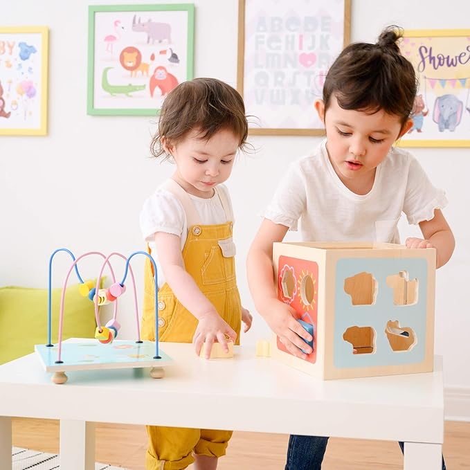Teamson Kids Preschool Play Lab 4-in-1 Large Wooden Activity Cube Bead Maze Animal Sorter for Kids Baby Toys, Natural