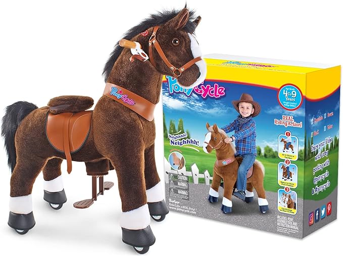 PonyCycle Ride on Horse Toy Walking Rocking Horses Classic Model U (with Brake/ 36" Height/Size 4 for Age 4-7 Boy Gifts) Ride Horse Giddy up Pony Animal Toys Chocolate Brown Ux421