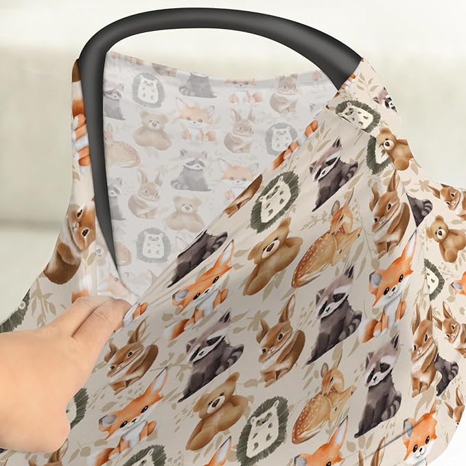 Vintage Autumn Animals Boho Floral Car Seat Cover for Babies Bear Raccoon Deer Rabbit Hedgehog Leaves Stretchy 5-in-1 Cover Adjustable Car Canopy Breastfeeding Cover Breathable Nursing Cover-Up