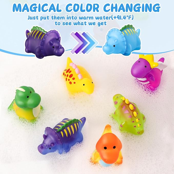 Color Changing No Hole Toddler Bath Toys for Kids Ages 1-3 4-8, Easter Egg Fillers Easter Basket Stuffers Dinosaur Bath Toys Toddlers 2-4, Dinosaur Toys, Bathtub Water Toys with Drying Bag