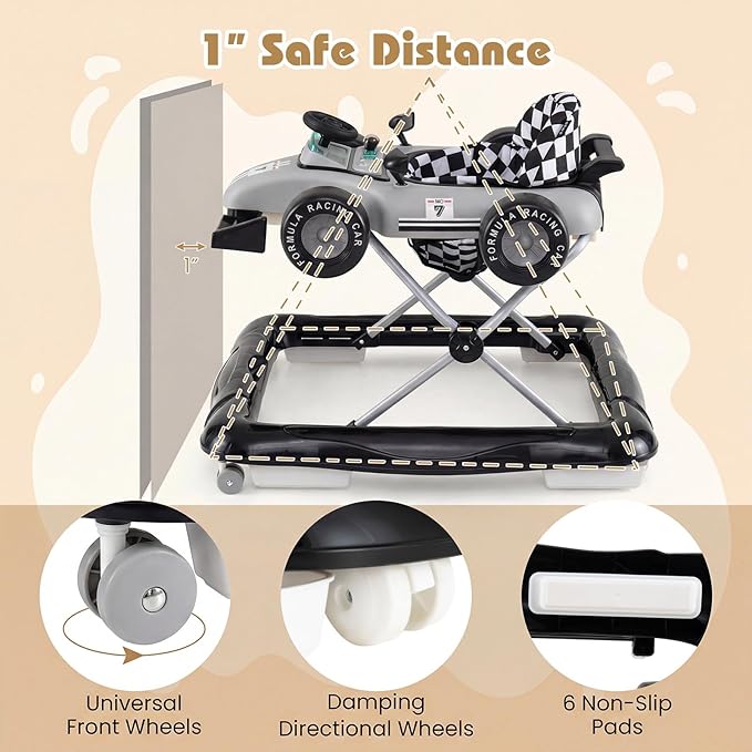 BABY JOY 4-in-1 Baby Walker, Foldable Activity Walker with Push Mode, Adjustable Height, Lights, Anti-Rollover, Baby Walker with Wheels for Boys Girls 6-18 Months (Gray)