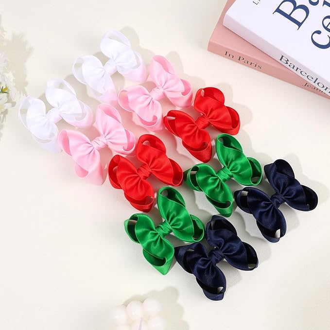 OAOLEER 2PCS 3.5inch Hair Bows for Girls，White Stain Ribbon Hair Bows Alligator Clips Hair Accessories for Back To School Teen Toddler Girls Kids (White)