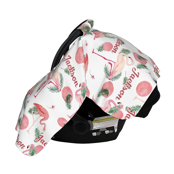 Personalized Car Seat Covers for Babies Custom Name Car Seat Canopy for Newborn Baby Boys Girls 2 in 1 Mom Nursing Breastfeeding Covers Flamingo Minky Baby Carrier Covers with Peekaboo Opening