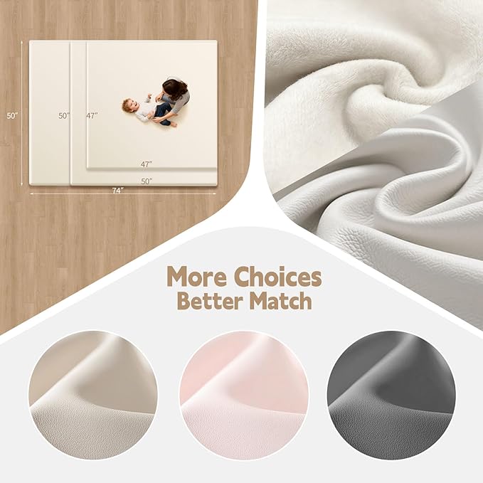 PU Leather Baby Play Mat for Floor, 50"×50" Playpen Mat, 1.3" Thick Elasti-Foam, Non-Slip Crawling Mat for Tummy Time, Waterproof & Wipe-Clean Playmat for Toddler,Infant, Kids (Beige)