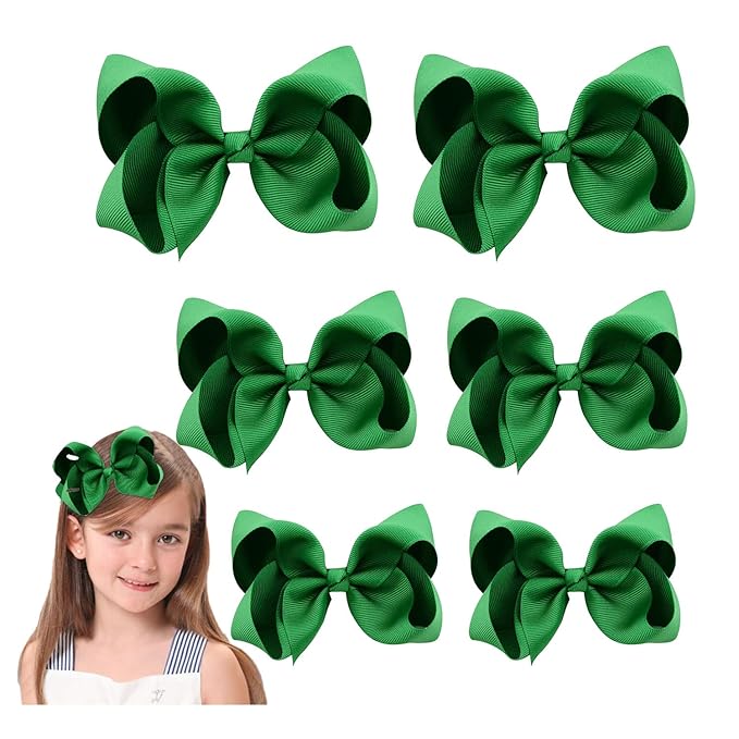 Green Hair Bow For Girls and Toddler - 6 pcs Green bows clips 6 inch ×2, 4 inch ×2, 3 inch ×2