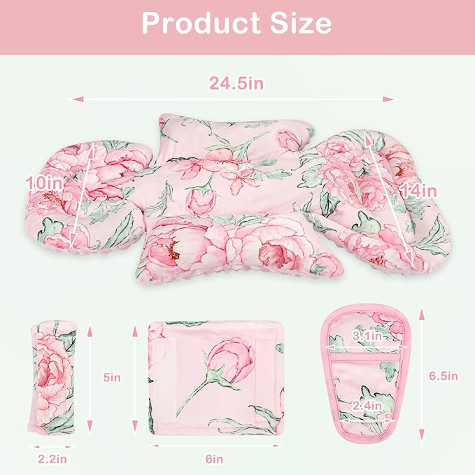 DILIMI Infant Car Seat Insert, Baby Car Seat Head Support with 3 Strap Paddings, Soft Newborn Car Seat Cushion for Stroller, Swing, Bouncers, Pink Flower