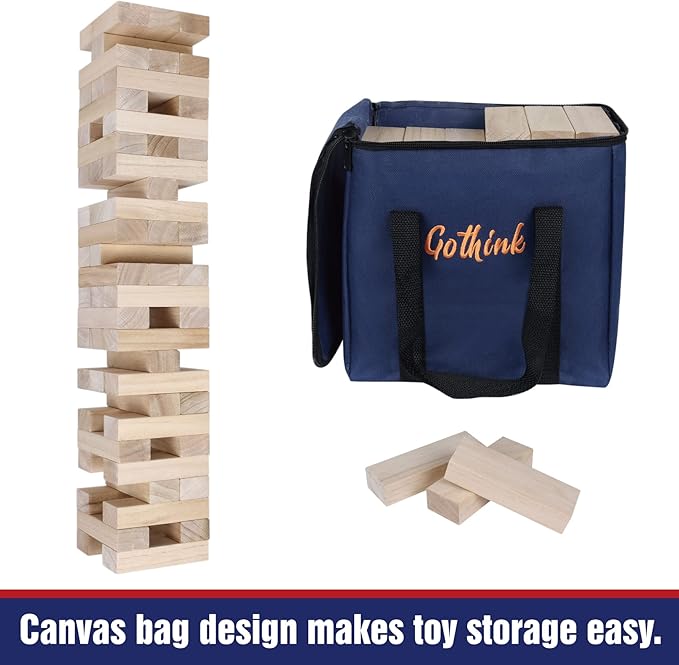 GOTHINK Giant Tumble Tower Game, Large Tumbling Tower Stacking to Over 3.2 FT 60pcs Wooden Jumbo Blocks for Outside Yard Games w/Carry Case Timber Stacking Game Night Toy Gift for Kids Adults Family