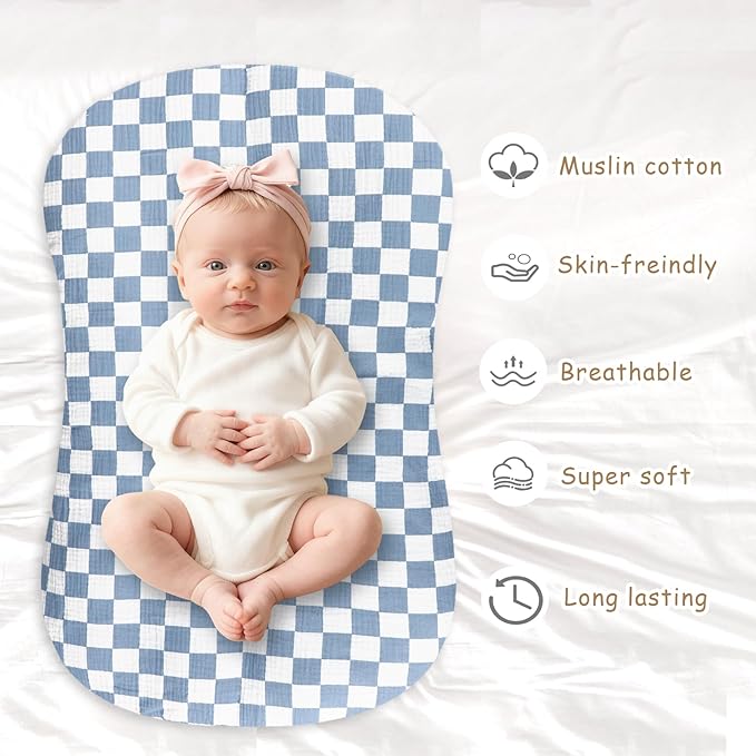 Hooyax Muslin Baby Lounger Cover 2 Pack - 100% Breathable Cotton Soft Infant Lounger Covers, Fits Most Standard Newborn Loungers & Pillows (Blue Cherker+Coffee Checker)