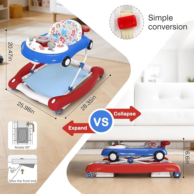 5-in-1 Convertible Baby Walker with Steering Wheel Music Activity Center – Infant Rocker, Jumper, Push Walker, Bouncer & Feeding Foldable Walker for Ages 6-18 Months Boys Girls (Red Blue)