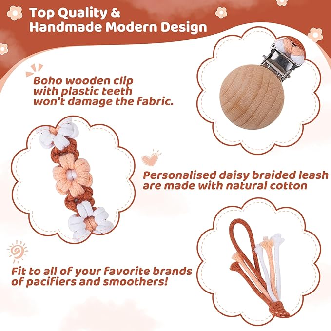 Pacifier Clip for Boys Girls Floral Daisy Macrame Baby Paci Clip Pacifier Holder Leash Boho Wooden Clips Handmade Braided Cotton Binky Clips (1pack:Caramel Style A)