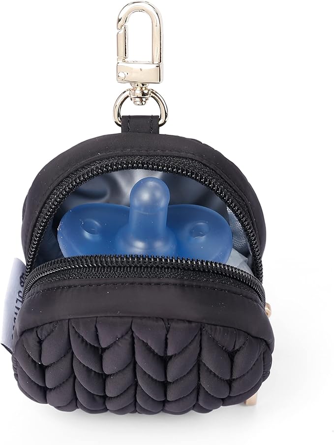 Pacifier Holder Case with Clip and Pouch Cover, Pacifier CharmPod with Clasp for Mom Bag (Black)