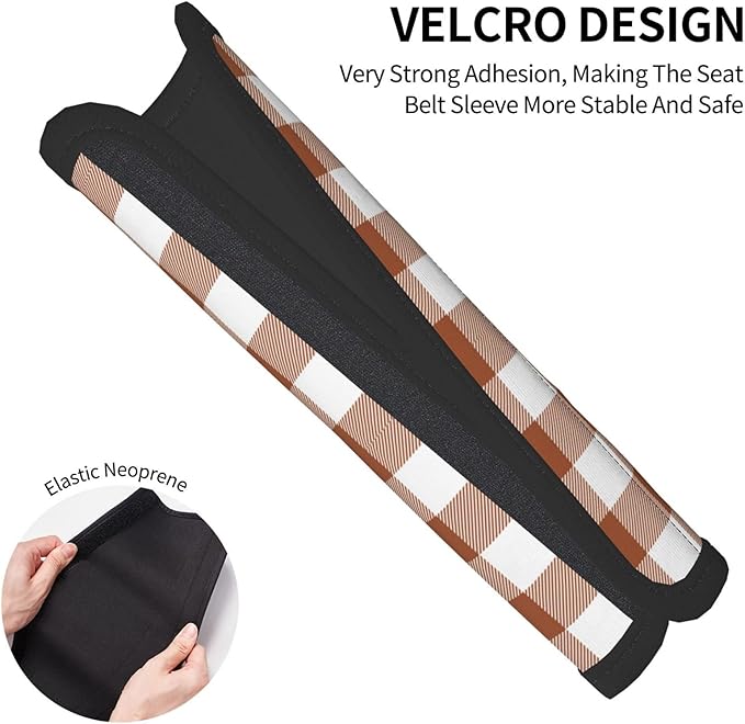 Buffalo Plaid Brown White Seat Belt Cover Fits Cars Trucks SUV Sedans Air Permeability Car Seatbelt Strap Cover, Auto Interior Accessories Protector