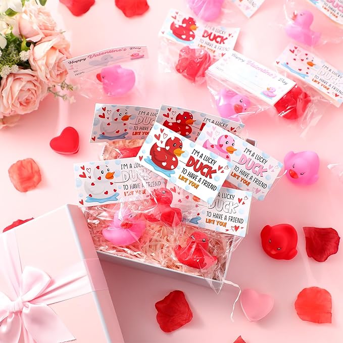 24 Pcs Valentine's Day Rubber Ducks 1.96 Inch Rubber Ducks with Valentine's Day Cards Pink Red Bath Duck Toys for Valentines Gifts Classroom Exchanges Prize Pool Bathtub Party Favors