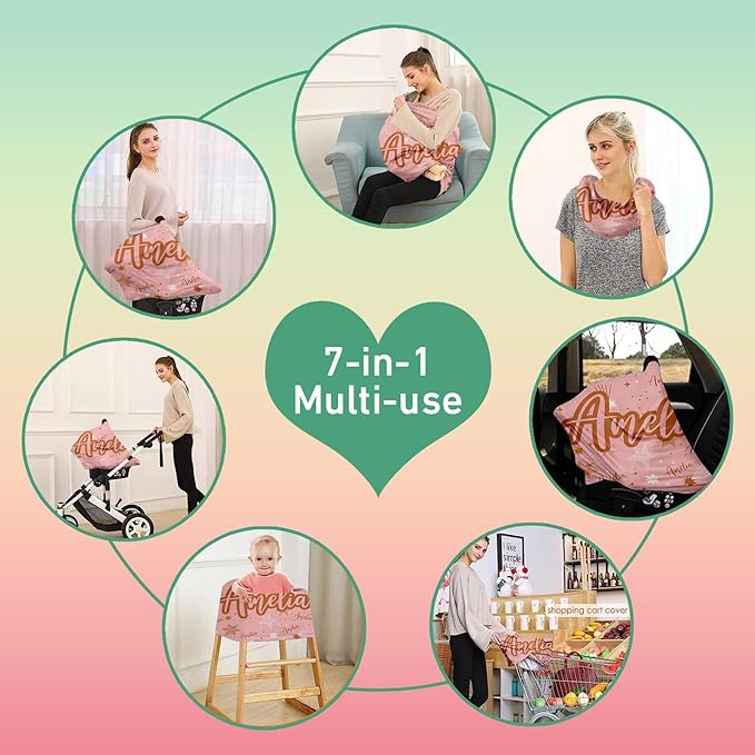 Personalised Car Seat Cover for Babies - Multi-use Pink Carseat Canopy Cover with Name, Car Seat Covers, Christmas Birthday Gifts for Infant Boys and Girls