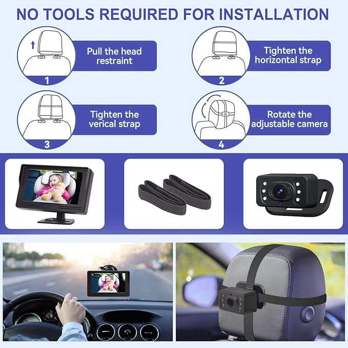 B-Qtech Baby Car Camera Monitor Night Vision HD 1080P Easy to Install 360° Rotating Car Baby Cameras for Back Seat Rear Facing View Infant Gift for Newborns