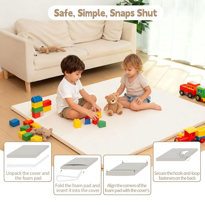 PU Leather Baby Play Mat for Floor, 47"×47" Playpen Mat, 1.3" Thick Elasti-Foam, Non-Slip Crawling Mat for Tummy Time, Waterproof & Wipe-Clean Playmat for Toddler,Infant, Kids (Beige)