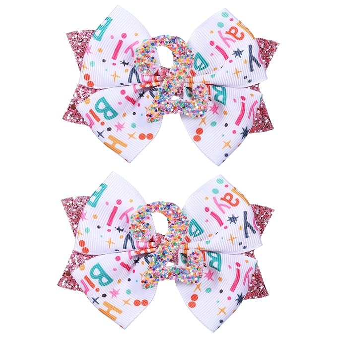 4" Glitter Happy Birthday Hair Bow Clips for Girls Ages 1-6, Pink Ribbon Cheer Bow Barrettes Alligator Hairpins, Confetti Ice Cream Party Dress Accessories, Her 2nd Birthday Gift