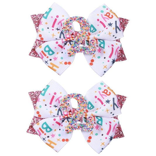 4" Glitter Happy Birthday Hair Bow Clips for Girls Ages 1-6, Pink Ribbon Cheer Bow Barrettes Alligator Hairpins, Confetti Ice Cream Party Dress Accessories, Her 2nd Birthday Gift