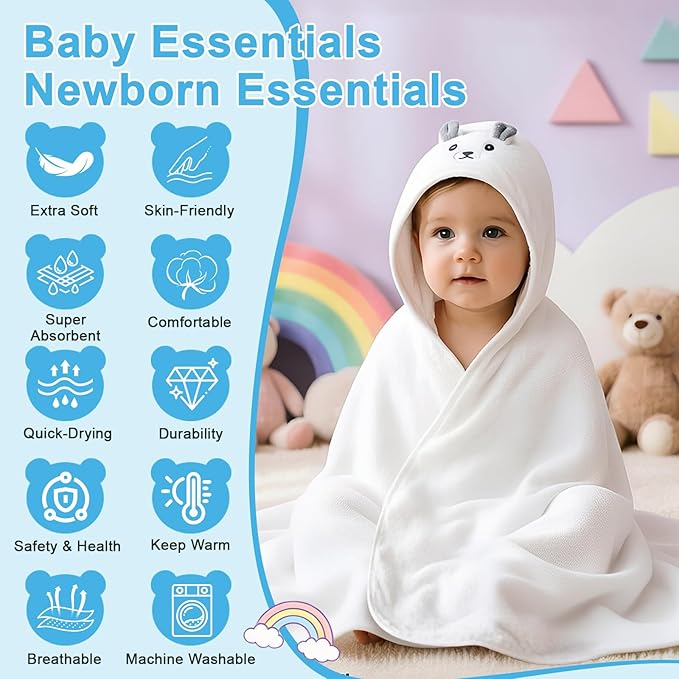 14PCS Baby Bath Towels Set, 4PCS Animal Hooded Baby Towels(31.5''x31.5'') & 10PCS Washcloths for Newborn, Toddler, Soft and Absorbent Coral Fleece, Essential Gifts for Boys & Girls