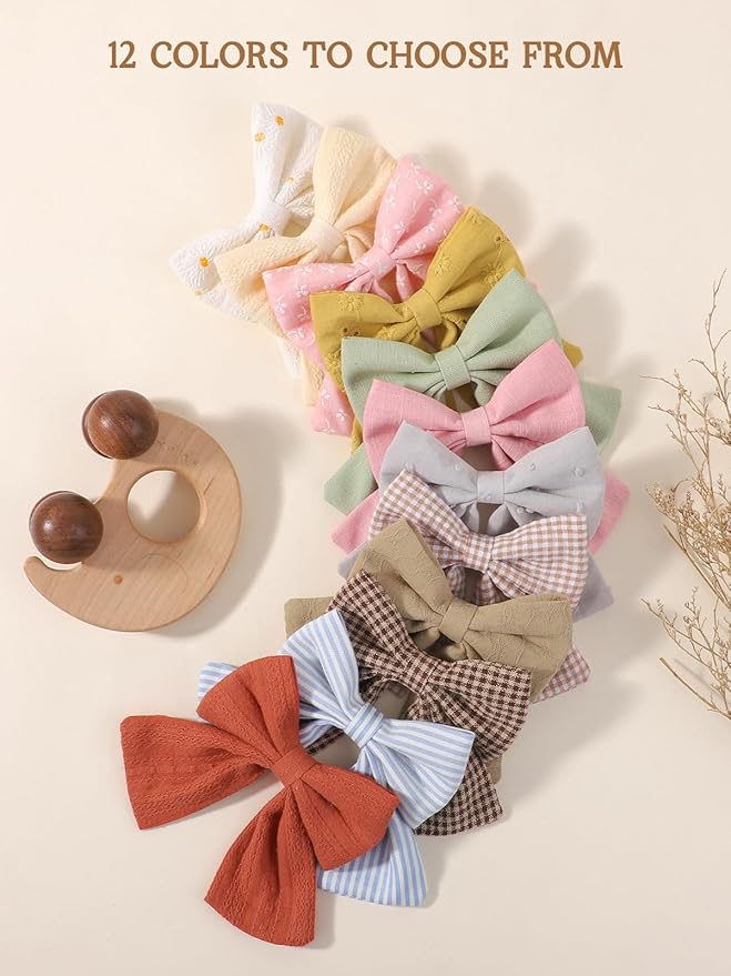 12PCS Baby Girls Hair Clips Fable Hair Bows Cotton Linen Bows for Girls Hair Accessories for Baby Toddlers Kids Light Color