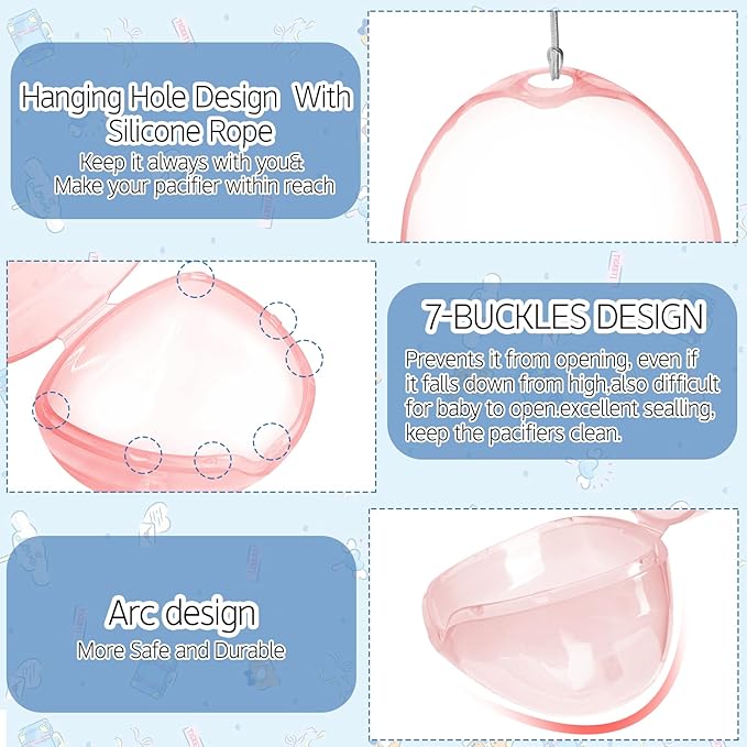 Nisxabebe Pacifier Case,3 Pack BPA Free Pacifiers Holder Case with Lanyard for Diaper Bag,Pacifiers Container Box for Baby Binky Nipple Travel,Essential Pacifier Accessories,Easy to Clean,Pink