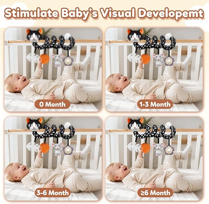 GKDOMS Baby Carseat Toy Black & White Rattle Spiral Hanging Activity Stroller Toy for Newborns Boys and Girls - Cat
