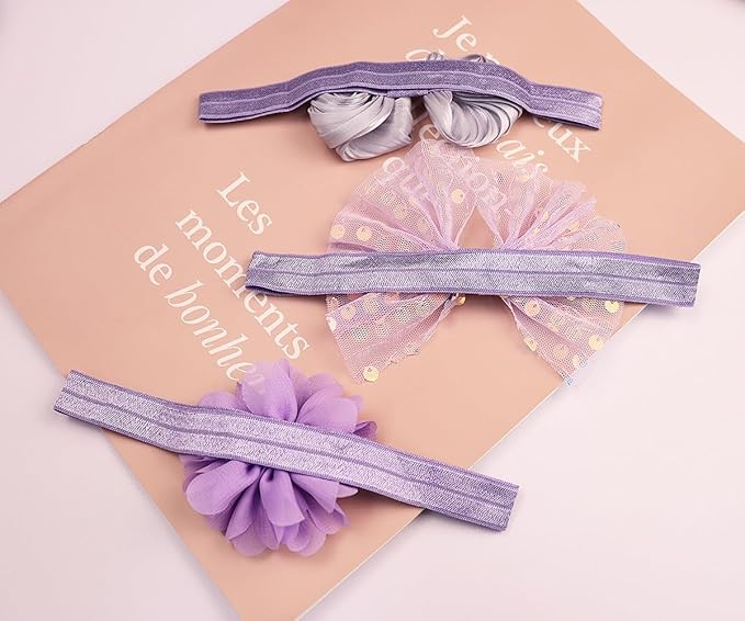 3pcs Baby Girl Bows Headband Chiffon Flower Hairband for Newborn Infant Toddler Soft Elastic Hair Bow Accessories for Baby Birthday Party (Purple, Standard size)