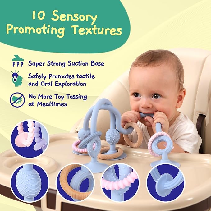 Jumble Jangle Baby Teething Toys – BPA-Free, Multi Purpose High Chair Toys & Sensory Toys for Kids with Autism: Suction Teething Relief with Sensory Toy Textures for Infants and Toddlers (Light Blue)