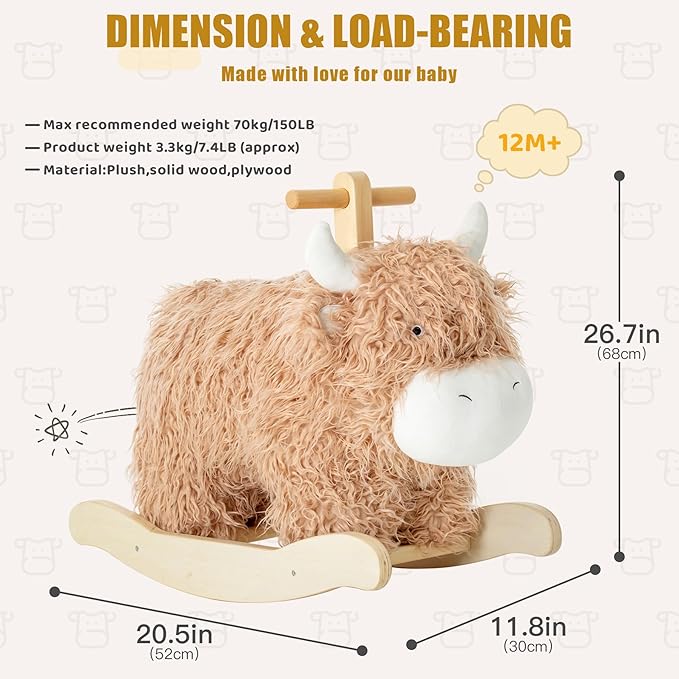 Baby Rocking Horse for 1 Year Old,Wooden Cow/Yak Horse Rocking with Wicker Plush Wooden Ride On Toy for 2 Years Old Girl&Boy Nursery Birthday Gift