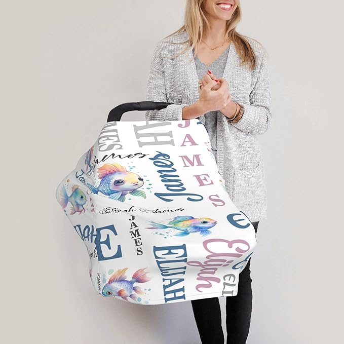 Personalized Baby Car Seat Cover with Name Stroller Canopy Custom Rainbow Fish Carseat Cover Newborn Baby Boy Girl Nursing Cover for Moms First Birthday Gift