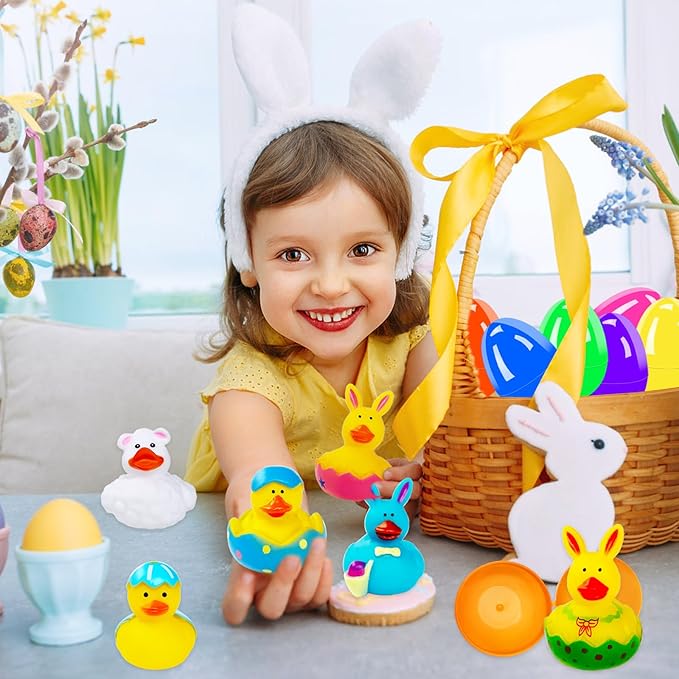 18 Pcs Prefilled Easter Eggs with Bunny Duckies,Bright Colorful Easter Eggs Filled with Rubber Duck,Squeeze Duckies Bunny Bathtub Toys for Easter Basket Stuffers,Bath Toys,Party Favors