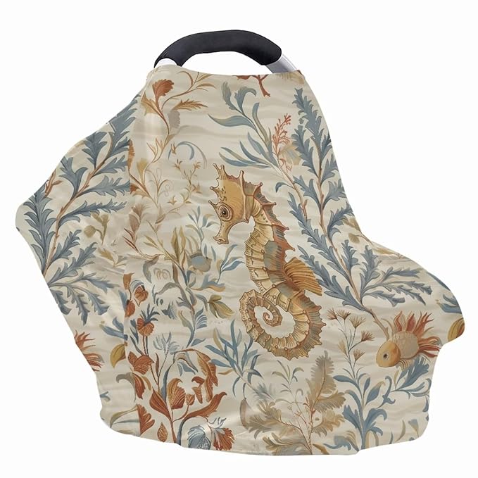 Forchrinse Retro Sea Horse Print Nursing Breastfeeding Cover,Baby Car Seat Canopy Infant Stroller Covers for Newborn,Fit Shopping Cart/High Chair/Stroller