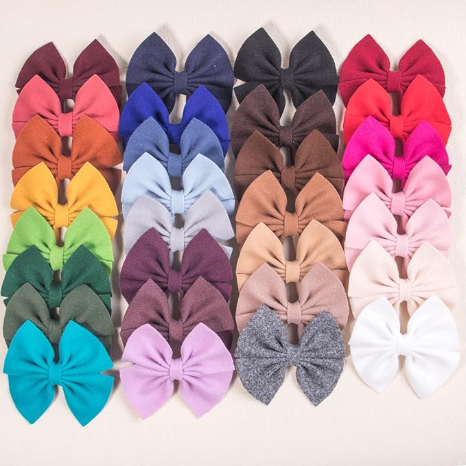 XIMA 30PCS Girls Hair Bows Clips Felt Woolen Hair Accessories Handmade Cotton Hair Bow for Toddler Girls Infants Kids and Teens 30Colors