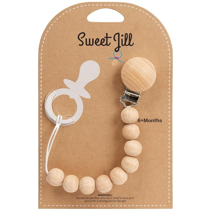 Pacifier Clip Made with Silicone Beads and Secured with Wood Clip. 1 Piece Design. BPA-Free. Chewable. 9" Long. Keeps Pacifiers and teethers securely Fastened. (Brown)