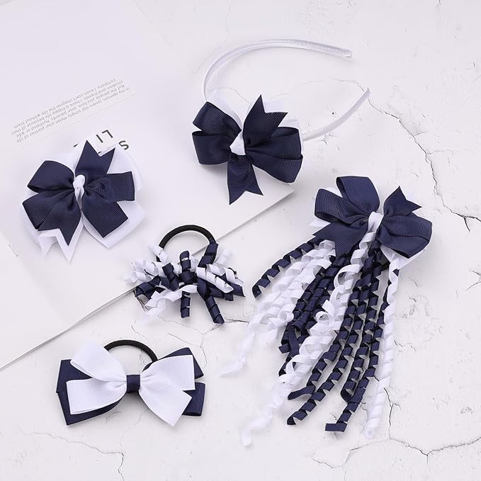 School Hair Accessories Set 14 Pcs Uniform Hair Bow Headband Clips Hair Ties Curly Korker Bows for Little Toddler School Girls (Navy&White)