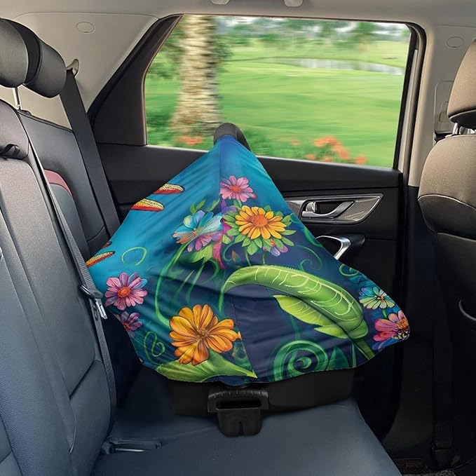 Dragonfly Flower Print Car Seat Canopy for Girls,Lovely Soft Nursing Cover Trendy Design Washable Breastfeeding Scarf for Family Friend