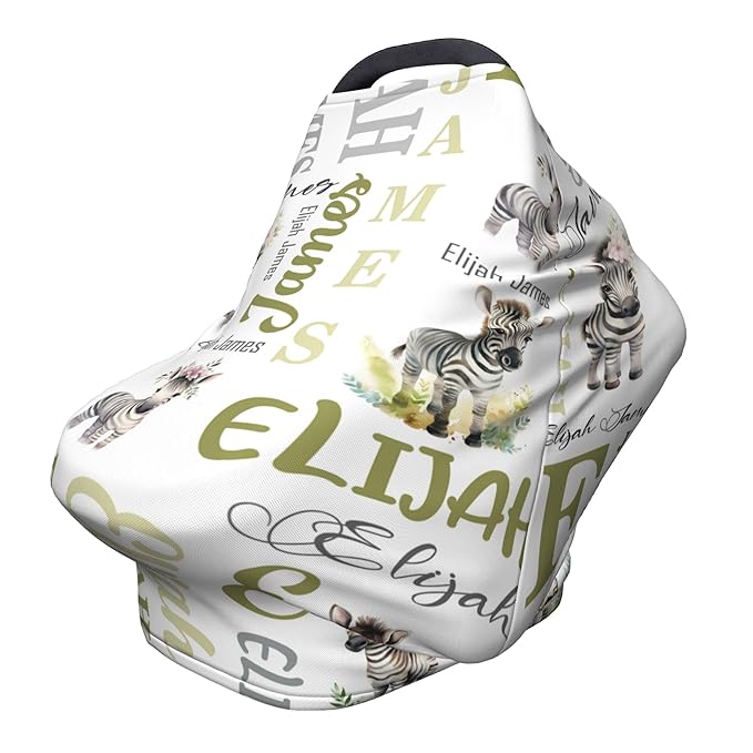 Personalized Baby Car Seat Covers for Babies, Custom Zebra Nursing Breastfeeding Carseat Canopy with Name, Infant Stroller Covers for Newborn Girls Boys, Breathable Carseat Cover