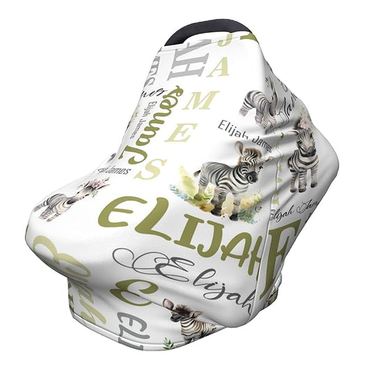 Personalized Baby Car Seat Covers for Babies, Custom Zebra Nursing Breastfeeding Carseat Canopy with Name, Infant Stroller Covers for Newborn Girls Boys, Breathable Carseat Cover
