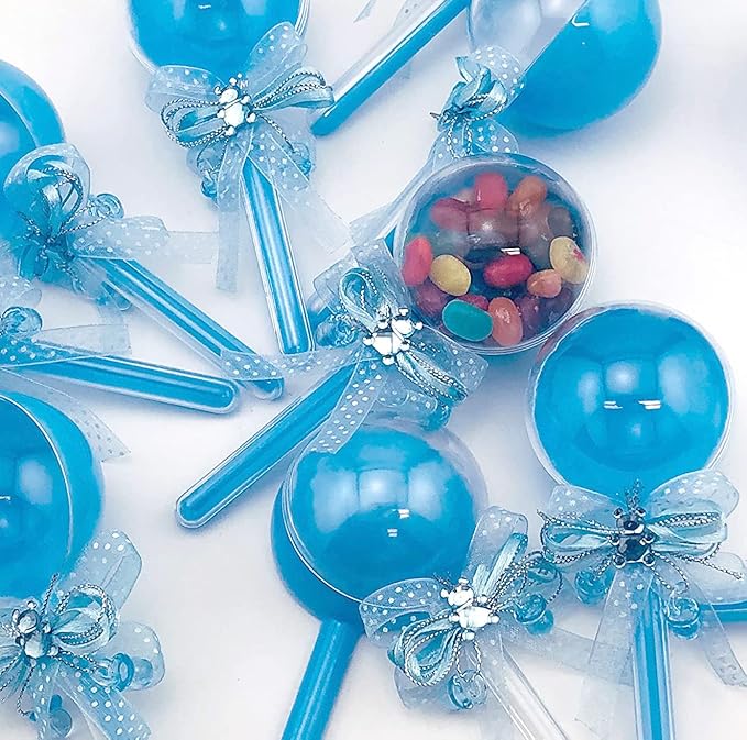 48 Pieces Fillable Baby Rattle Party Favors, Blue with Decorative Bear & Ribbon