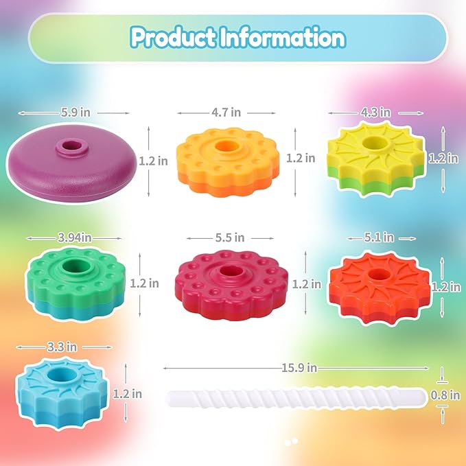 Riuja Baby Spinning Stacking Toys, 1-3 Rainbow Ring Stacker Montessori Toys for Babies, Sensory Toys for Toddlers, Christmas and Birthday Gifts Suitable for Boys and Girls (16 inches)