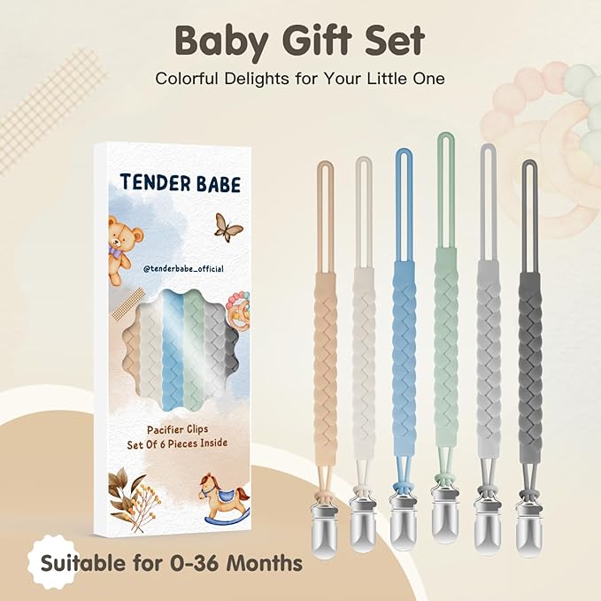 Silicone Pacifier Clips for Baby Boys and Girls, Woven Rope Flexible Design, Pacifier Holders for Teething Relief and Baby Essentials, Safe for Newborns (6 Pack)
