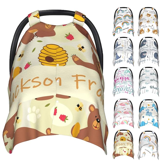 Personalized Baby Car Seat Cover Canopy with Name for Girls Boys Custom Bear Baby Carrier Covers