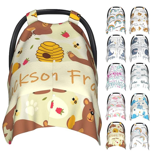 Personalized Baby Car Seat Cover Canopy with Name for Girls Boys Custom Bear Baby Carrier Covers