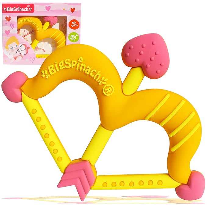 BIGSPINACH Teethers Heart Shape Silicone Baby Teether Toy Easy for Little Hands to Hold,Cupid Bow and Arrow Soft Teething Toy for Infants,Valentine's Gift for Girl or Boy (Yellow)