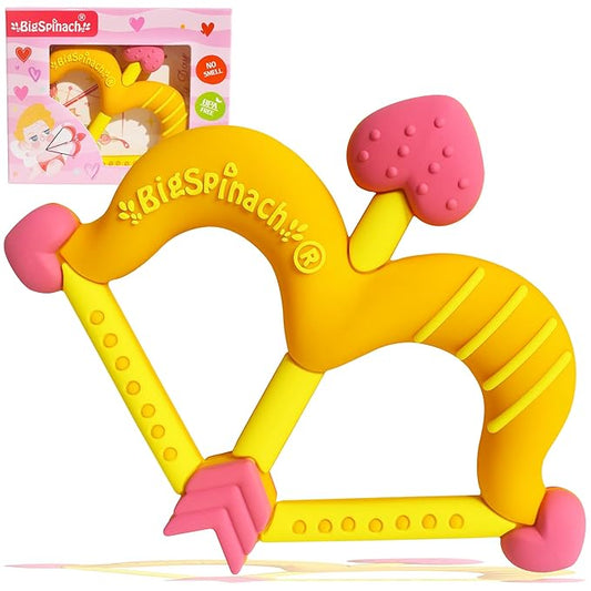 BIGSPINACH Teethers Heart Shape Silicone Baby Teether Toy Easy for Little Hands to Hold,Cupid Bow and Arrow Soft Teething Toy for Infants,Valentine's Gift for Girl or Boy (Yellow)