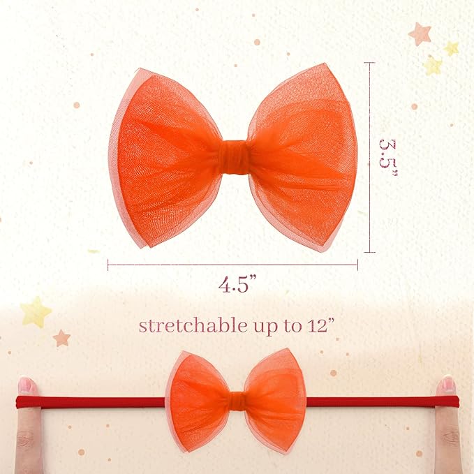 4 Pcs 4.5’’ Organza Lace Bow for Baby Girls Orange Headbands Blue Mesh Hair Bows Baby Shower Gifts for Newborn Infant Toddler Girl
