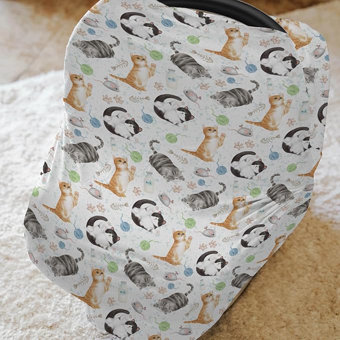 Cute Cat Baby Car Seat Covers Watercolor Cat Paws Mouse Toy Balls Neutral Stretchy 5-in-1 Cover Adjustable Infant Carseat Cover Canopy Cats Lovers Gift Breathable Nursing Cover-Up