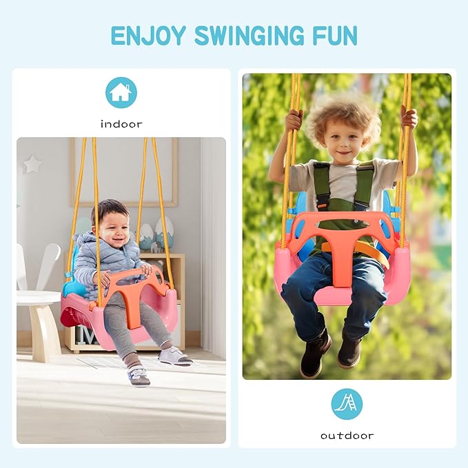 RedSwing 3-in-1 Baby Swing Seat, Toddler Swings, Anti-Flip Snug & Secure Detachable Infants to Teens Kids Swing Seat for Outside Playground, Pink Orange Blue