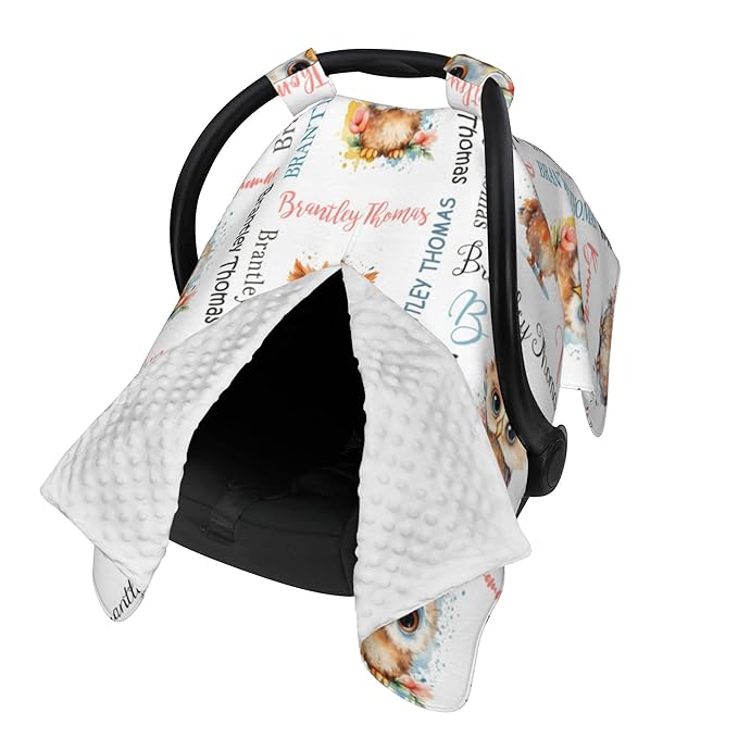 Personalized Baby Car Seat Canopy Minky Owl Baby Blanket Custom Name Baby Car Seat Cover Girls Boys Infant Newborn Carseat Canopy Nursing Cover for Stroller Car Seat Canopies