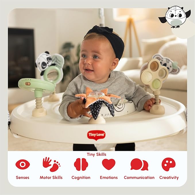 Tiny Love 4-in-1 Jump & Play Stationary Activity Center, Baby Jumper with Lights & Music, Developmental Toys, 360 Swivel Seat, Baby Activity Entertainer for 6 Months+, Black and White